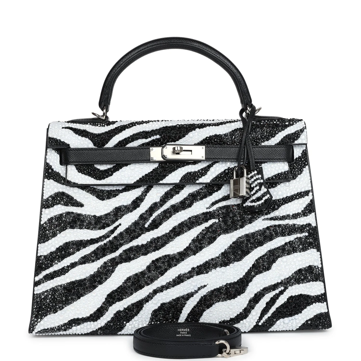 Replicate Custom Zebra Swarovski Crystal Hermes Kelly Sellier 32 Black Epsom Palladium Hardware(1:1 replica)