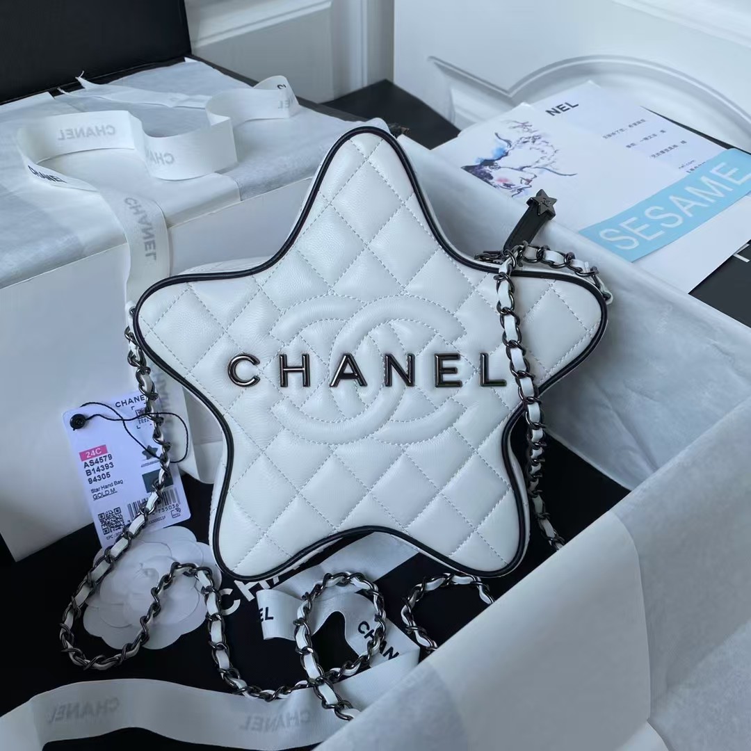 Replicate Chanel 24C AS4579 Star Bag White and Black Satin Black Metal Hardware(1:1 replica)