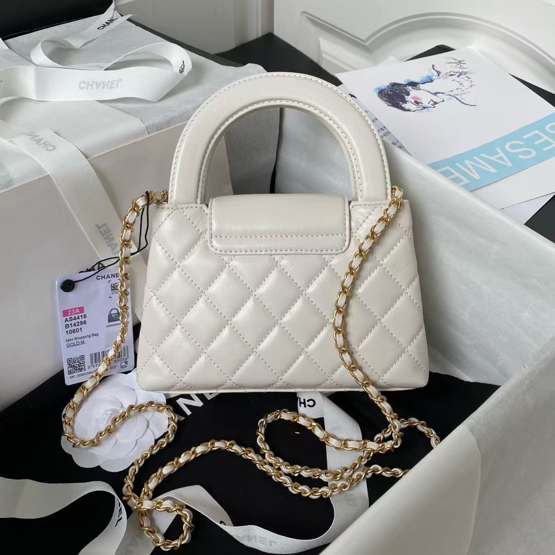 Replicate Chanel AS4416 Mini Shopping Bag Shiny Aged Calfskin Gold Tone Metal Off-White(1:1 replica)