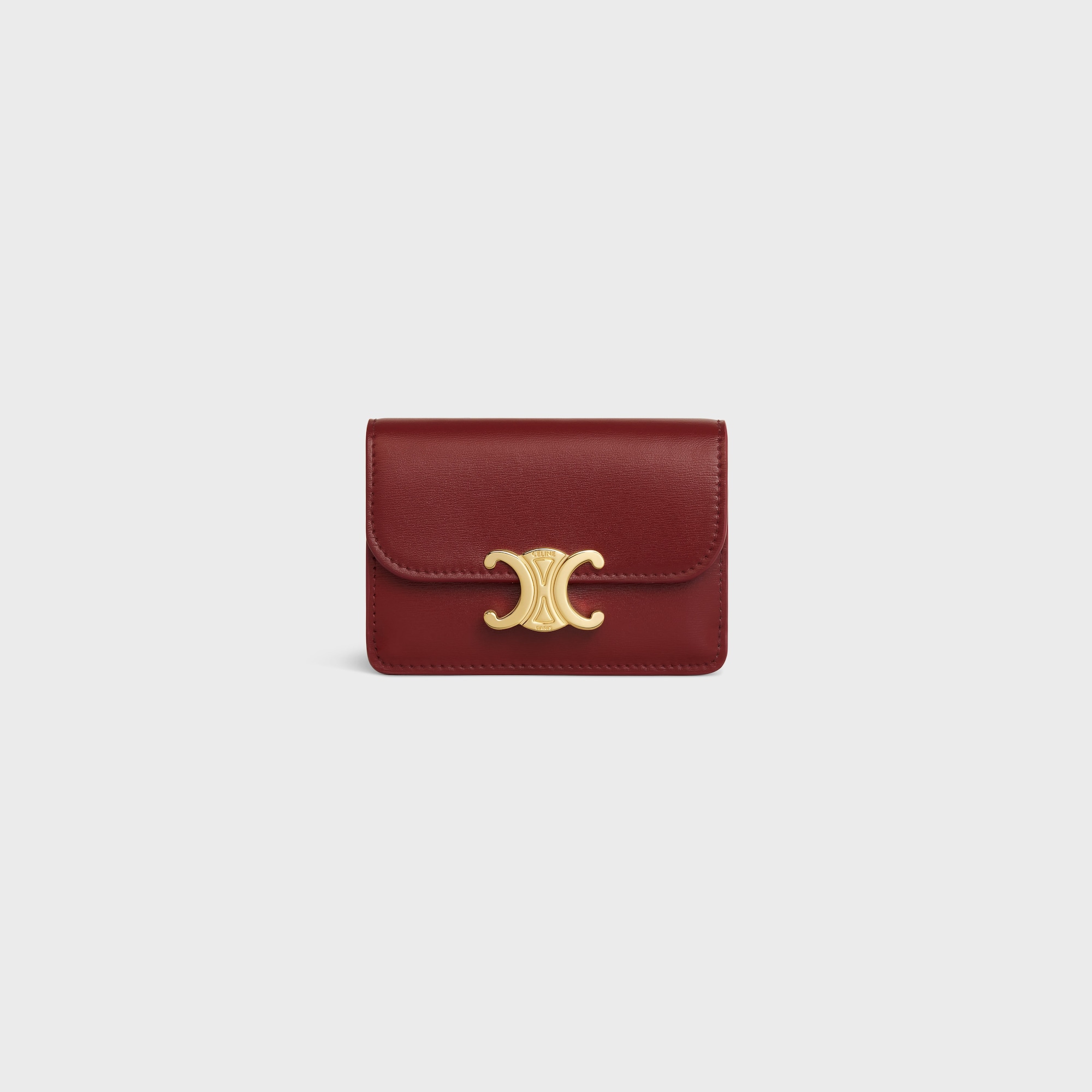Replicate CARD HOLDER WITH FLAP TRIOMPHE IN SHINY CALFSKIN DARK RUBY(1:1 replica)