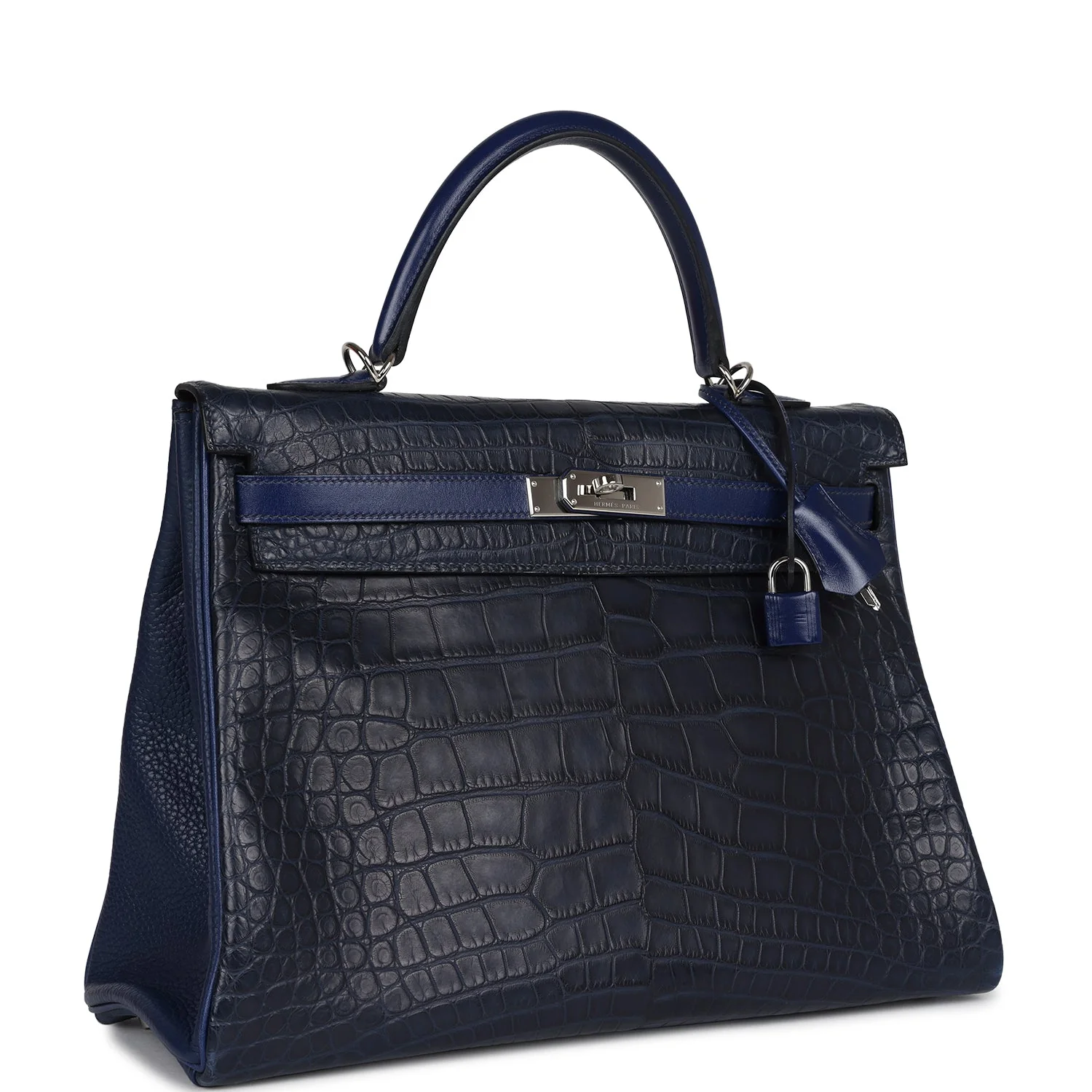 Replicate Hermes Kelly Retourne 35 Bleu Indigo Matte Alligator and Bleu Saphir Swift and Clemence Palladium Hardware(1:1 replica)