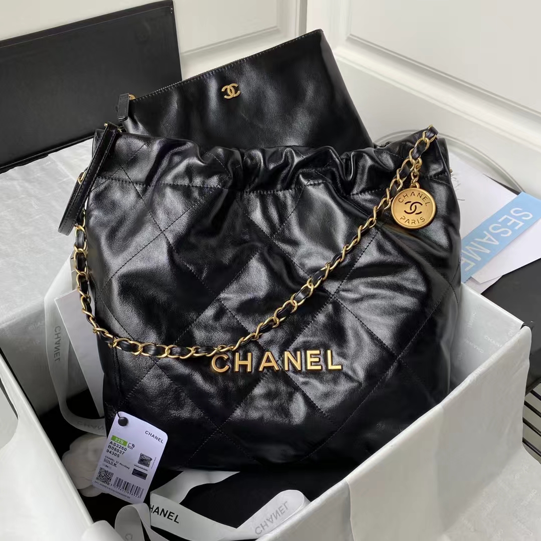 Replicate Chanel 22 AS3260 Small Bag Black Shiny Crumpled Calfskin Gold Hardware(1:1 replica)
