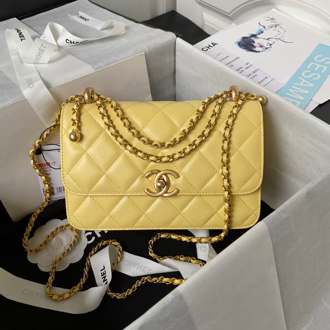 Replicate Chanel AS2649 Chain Bag With Gold Charm Small Vintage Calfskin Bag Yellow(1:1 replica)