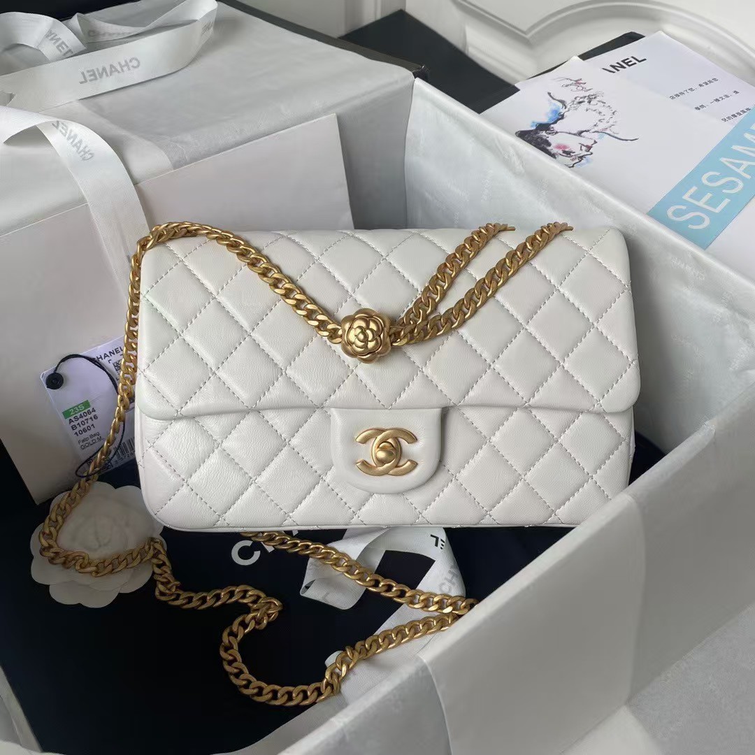 Replicate Chanel 23S AS4064 Camellia Embossed Chain Lambskin Flap Bag White(1:1 replica)