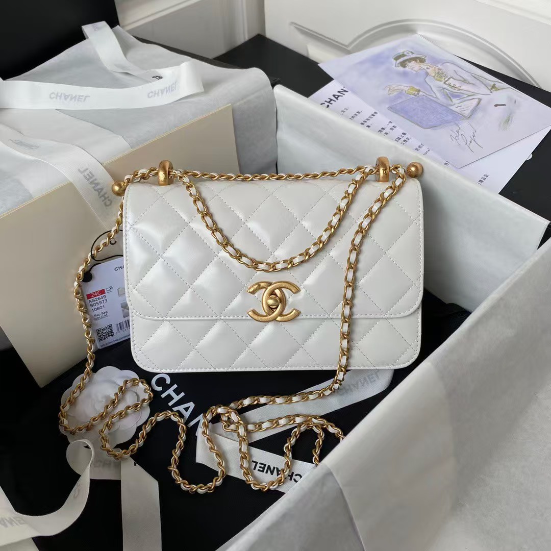 Replicate Chanel AS2649 Chain Bag With Gold Charm Small Vintage Calfskin Bag White(1:1 replica)