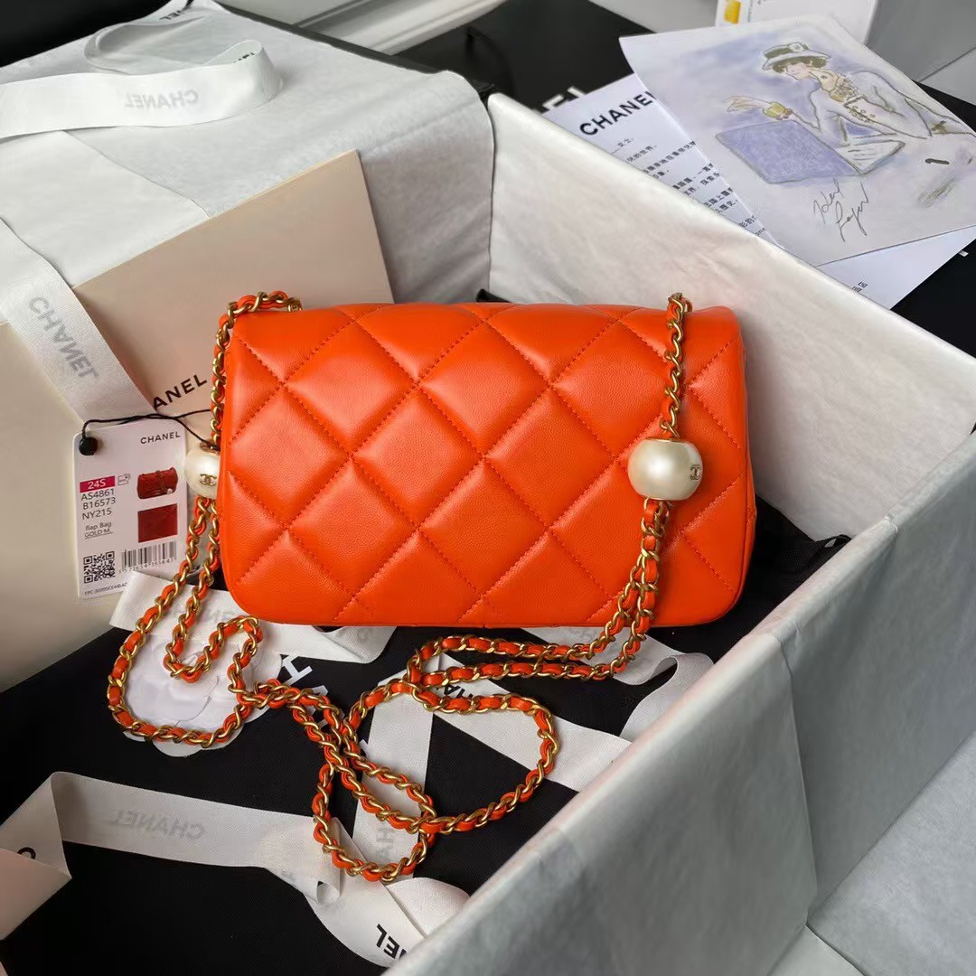 Replicate Chanel AS4861 Small Flap Bag Pearl Lambskin Faux Pearl   Gold Metal Orange(1:1 replica)