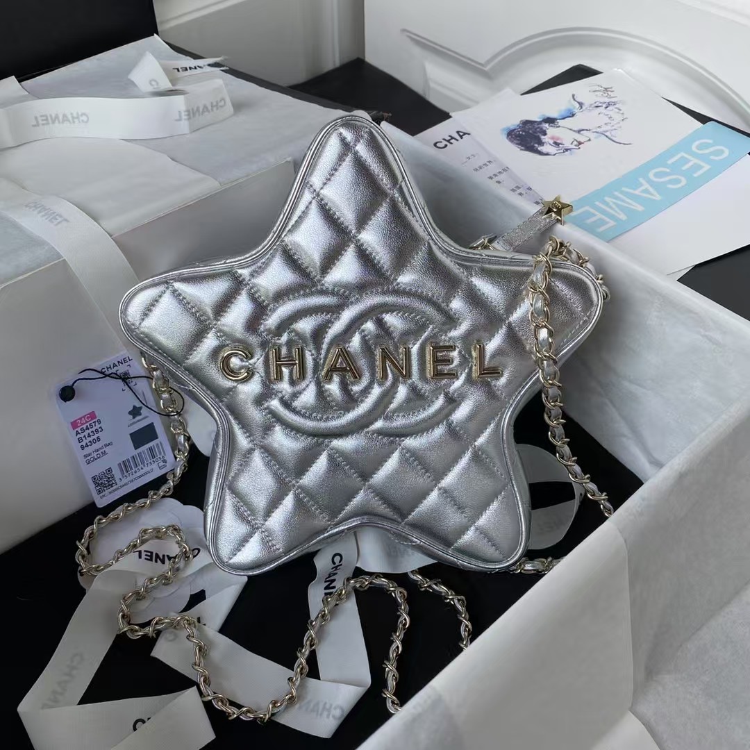 Replicate Chanel 24C AS4579 Star Bag Metallic Silver Lambskin Gold Hardware(1:1 replica)