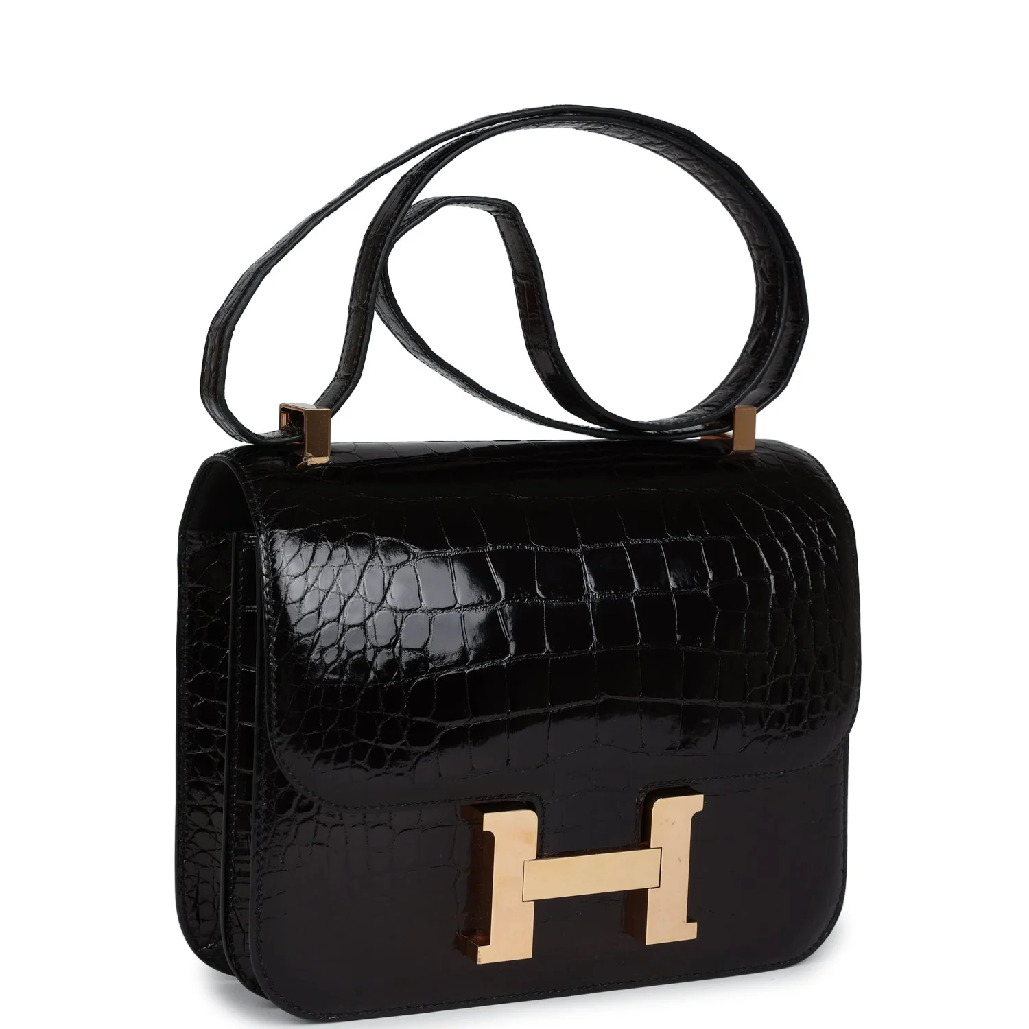 Replicate Hermes Constance 24 Black Shiny Alligator Rose Gold Hardware(1:1 replica)