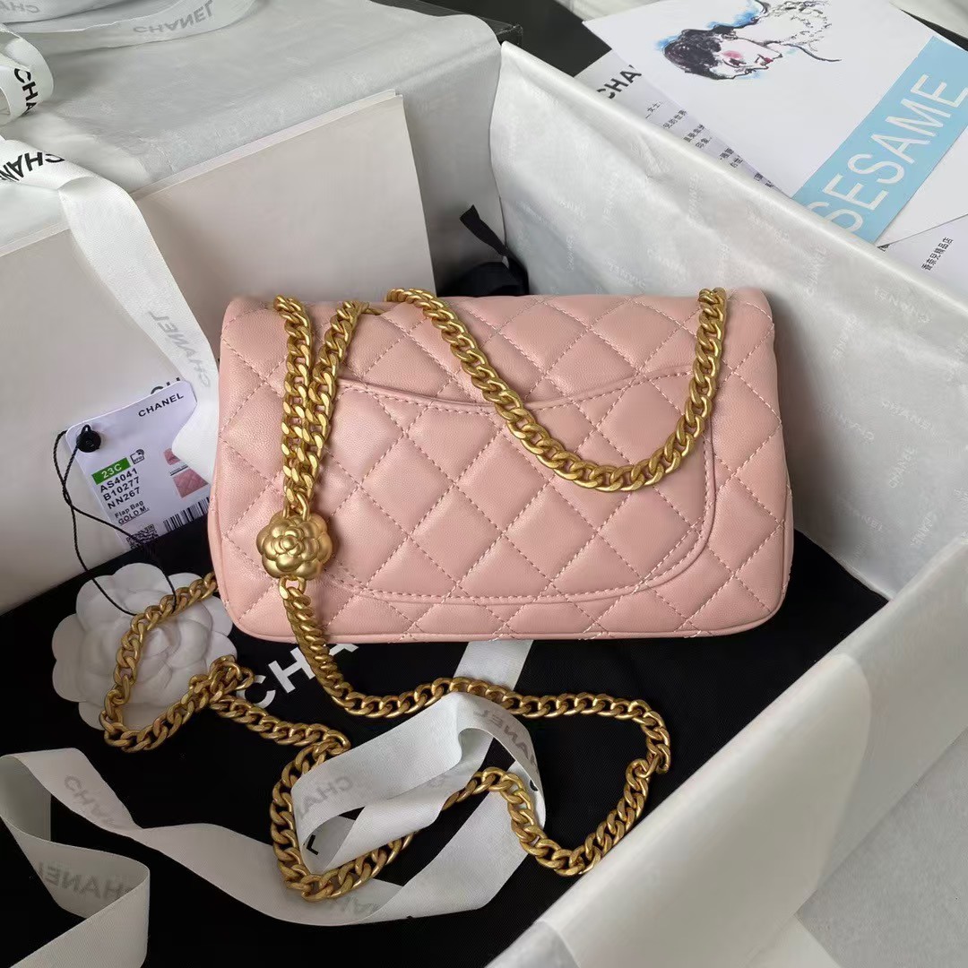 Replicate Chanel 23S AS4041 Mini Camellia Embossed Rectangular Flap Bag Antique Gold Metal Hardware Light Pink(1:1 replica)