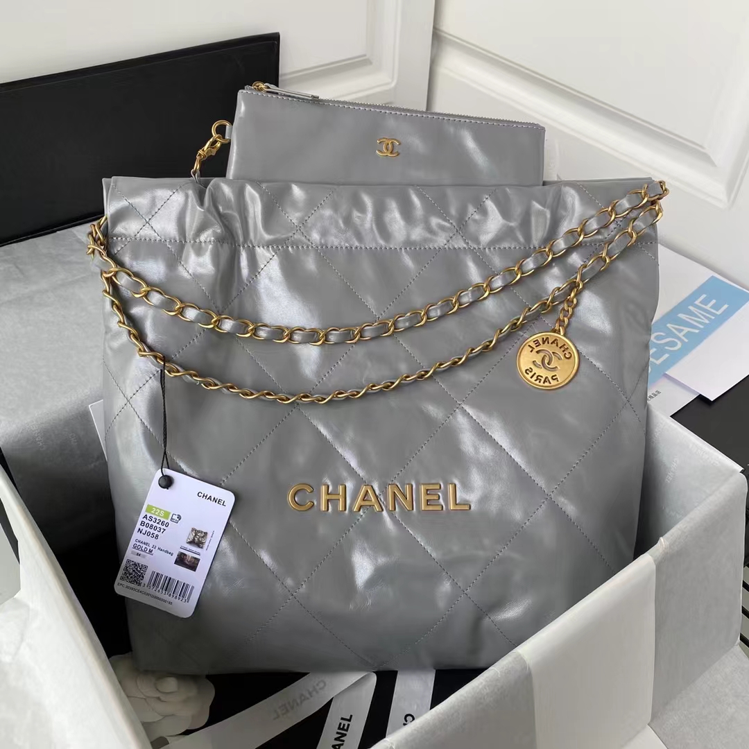 Replicate Chanel 22 AS3260 Small Bag Grey Calfskin Gold Hardware(1:1 replica)