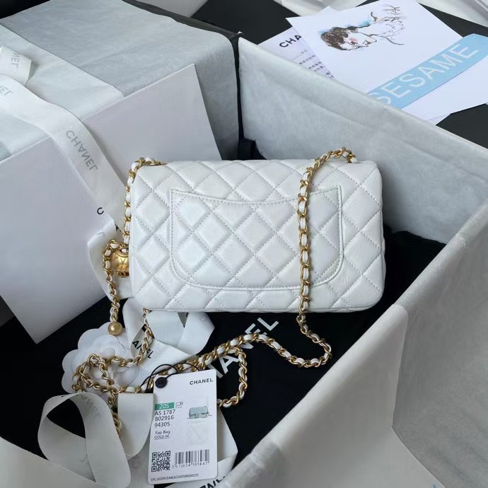 Replicate Chanel 23K AS1787 Mini Pearl Embossed Rectangular Flap Bag Lambskin Brushed Metal Hardware White(1:1 replica)