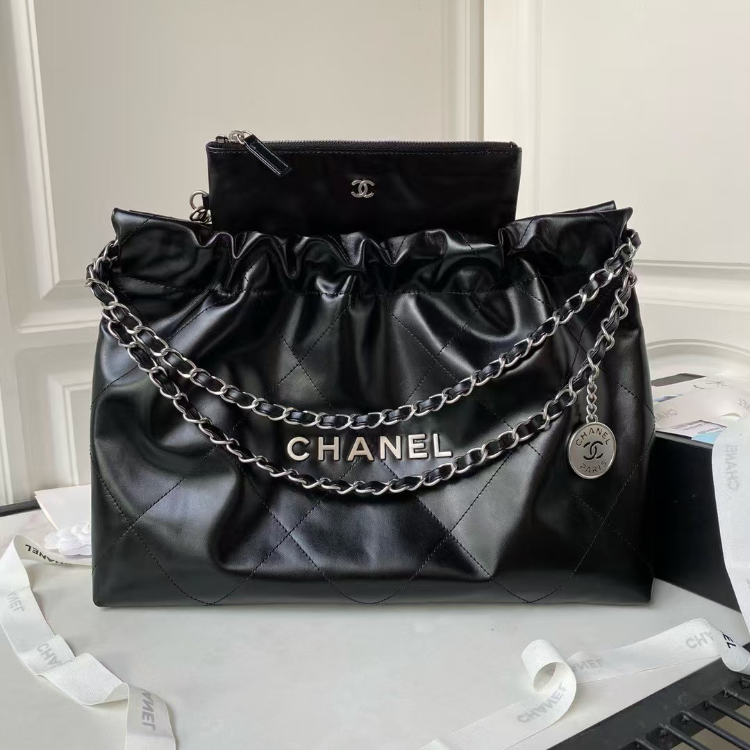 Replicate Chanel 22 Hobo Bag 24C AS4486 Silver Metallic Black Shiny Calfskin New Edition Horizontal(1:1 replica)