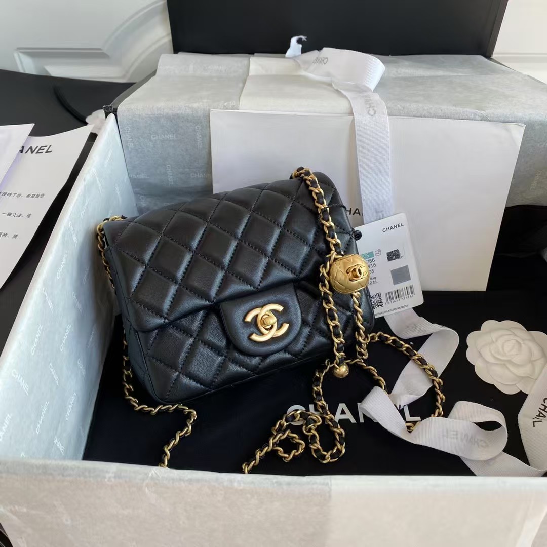Replicate Chanel 23C AS1786 Mini Square Pearl Embossed Flap Bag Antique Gold Hardware Black(1:1 replica)