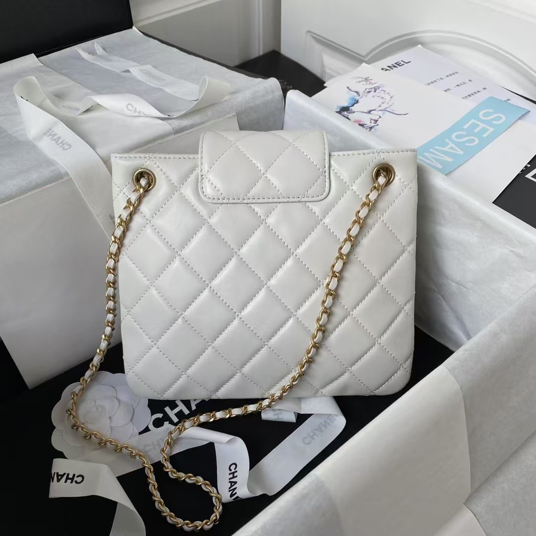 Replicate Chanel 24C AS4596 Vintage Logo Quilted Lambskin Shoulder Bag White(1:1 replica)
