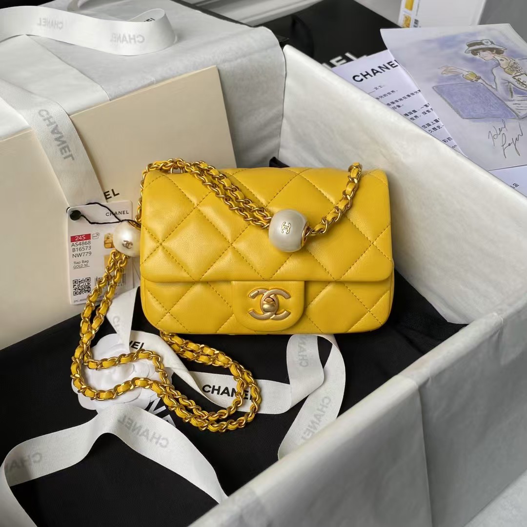 Replicate Chanel AS4868 Mini Flap Bag Pearl Lambskin Faux Pearl   Gold Metal Yellow(1:1 replica)