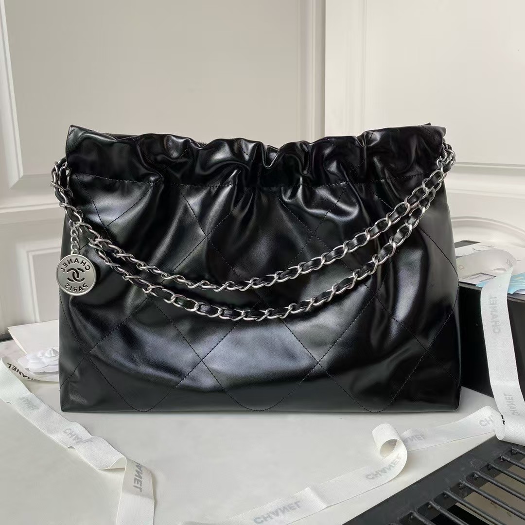 Replicate Chanel 22 Hobo Bag 24C AS4486 Silver Metallic Black Shiny Calfskin New Edition Horizontal(1:1 replica)