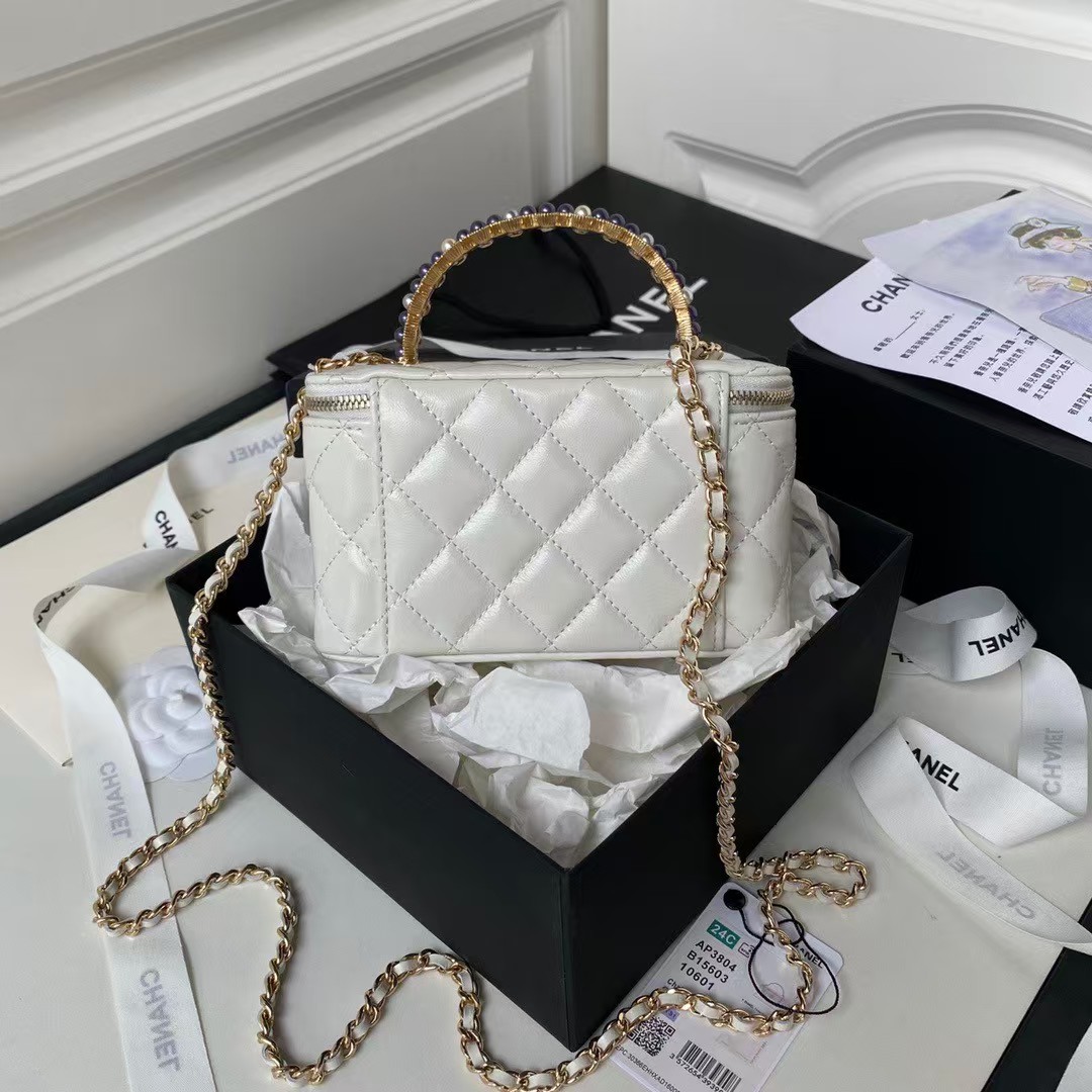 Replicate Chanel AP3804 Clutch Lambskin Cosmetic Bag With Pearl Handle White(1:1 replica)