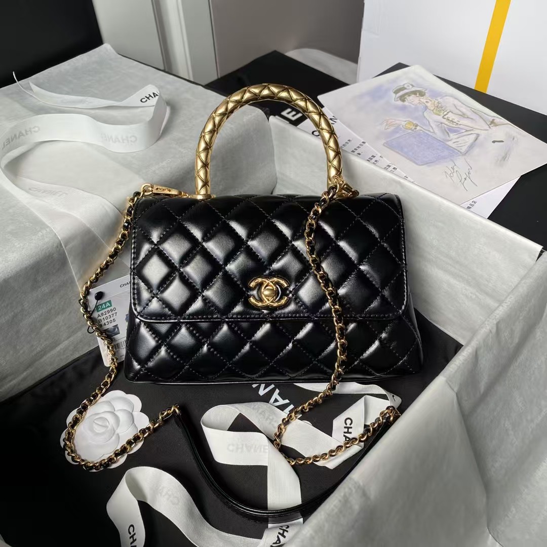 Replicate Chanel A92990 Small Flap Bag With Top Handle Black Shiny Calfskin Black(1:1 replica)