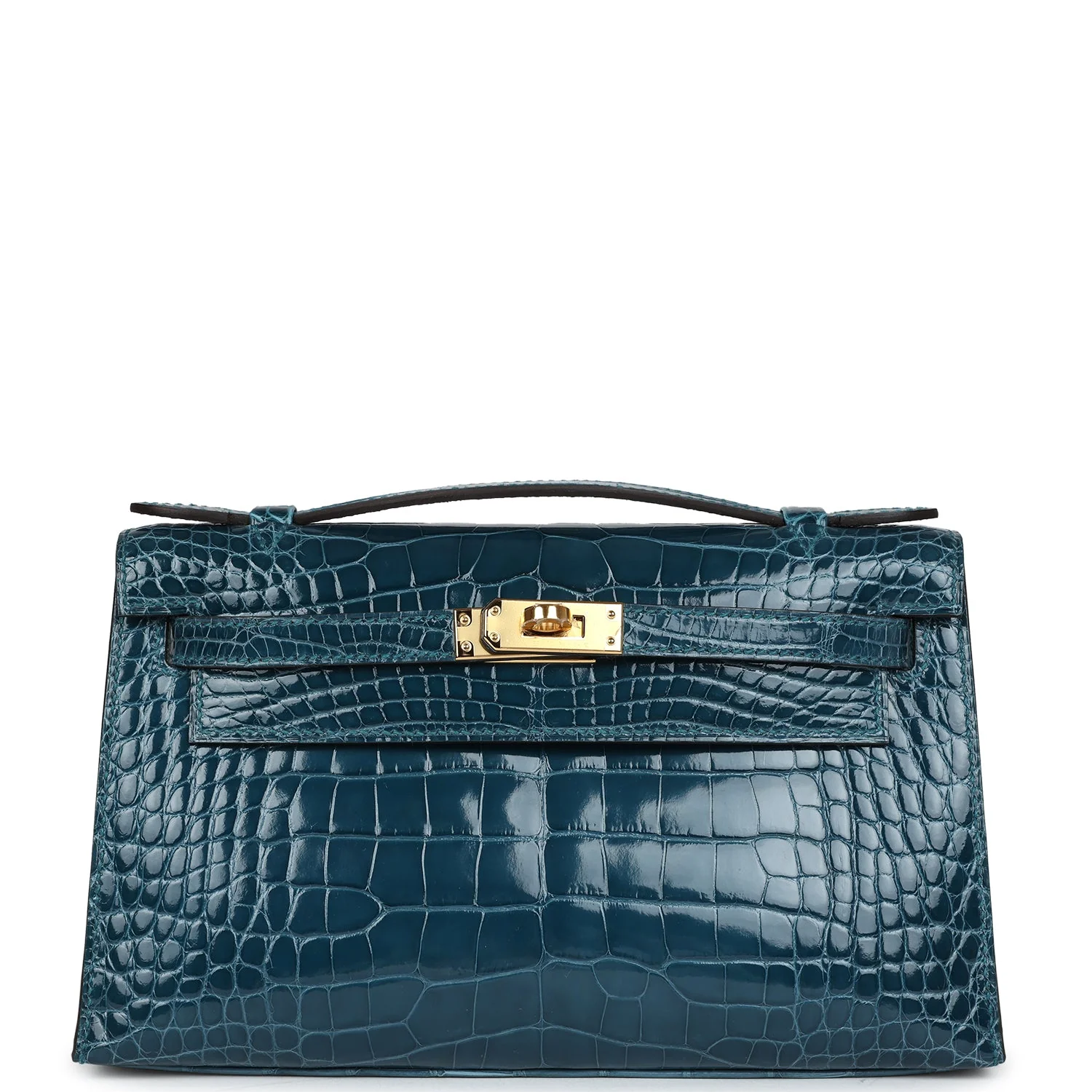 Replicate Hermes Kelly Pochette Vert Bosphore Shiny Alligator Gold Hardware(1:1 replica)