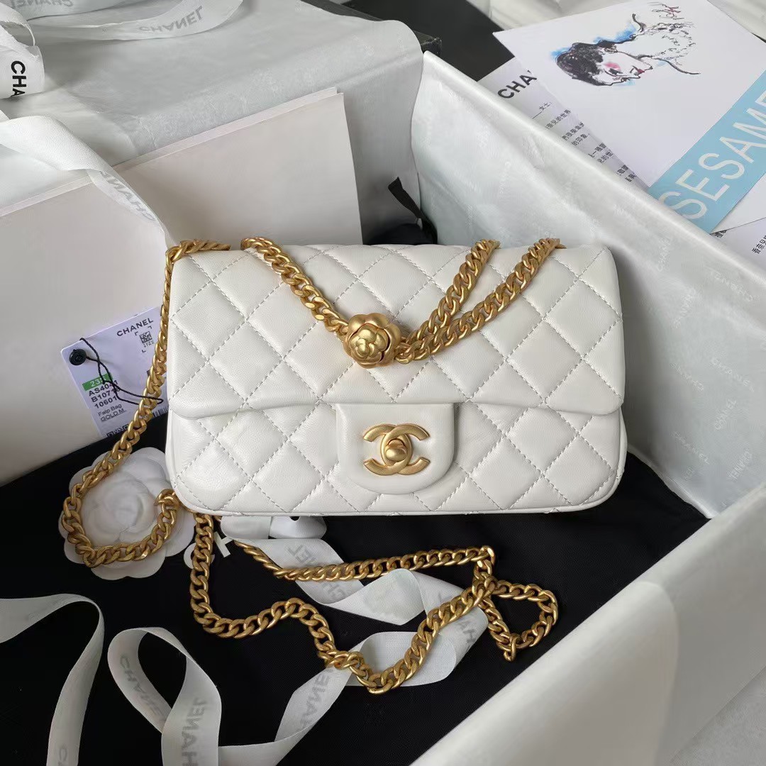 Replicate Chanel 23S AS4041 Mini Camellia Embossed Rectangular Flap Bag Antique Gold Hardware White(1:1 replica)