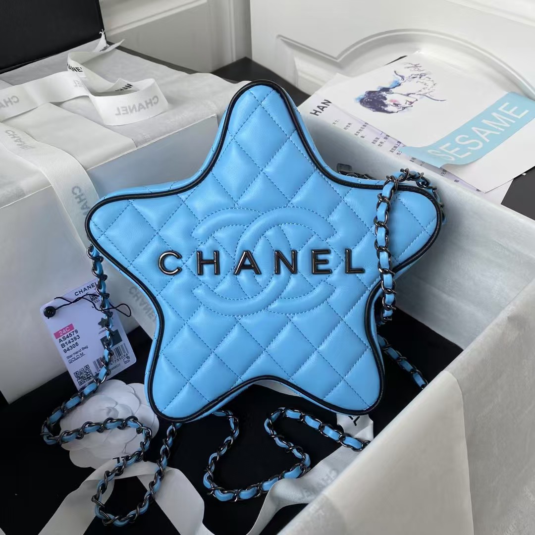 Replicate Chanel 24C AS4579 Star Bag Sky Blue and Black Satin Black Metal Hardware(1:1 replica)
