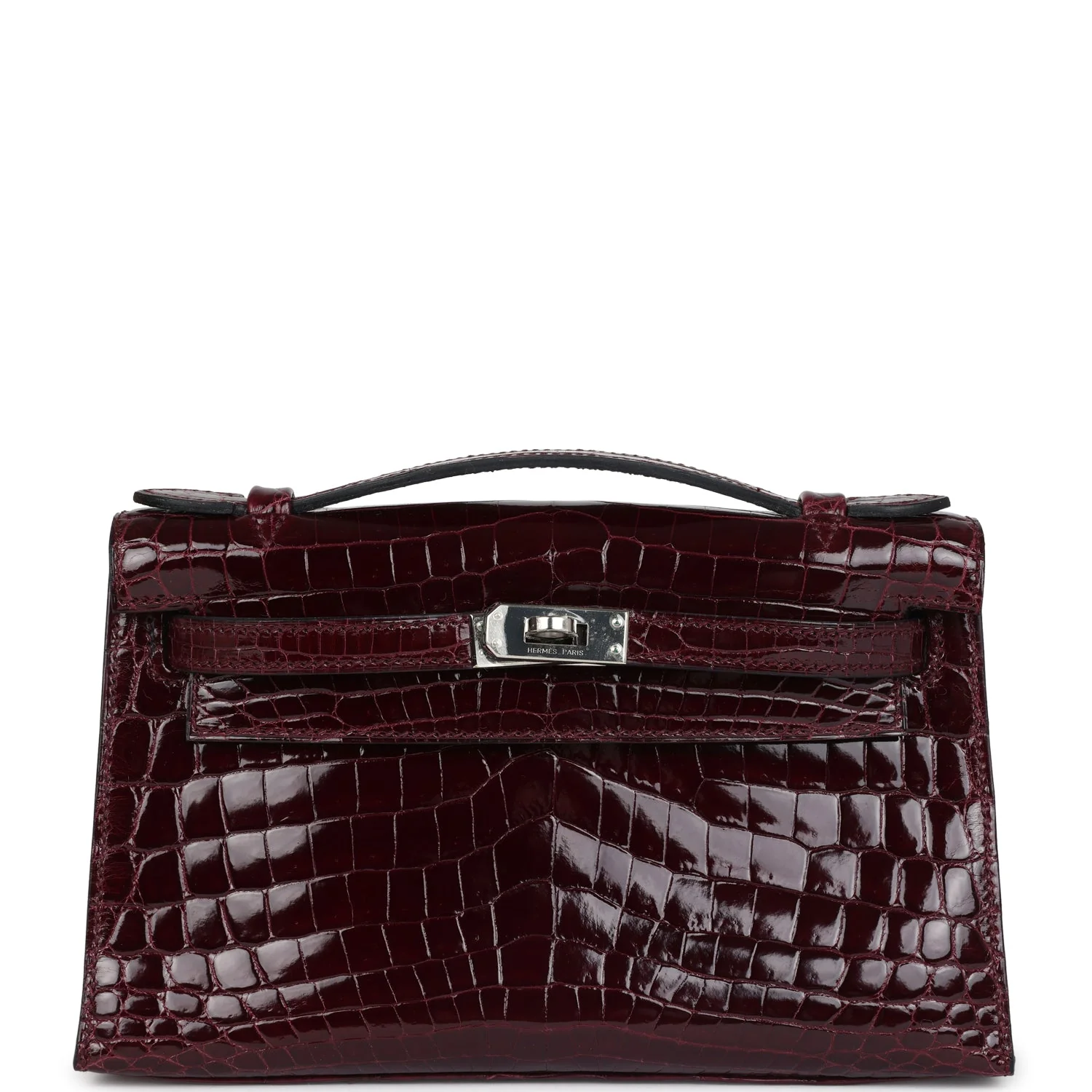 Replicate Hermes Kelly Pochette Bordeaux Shiny Niloticus Crocodile Palladium Hardware(1:1 replica)