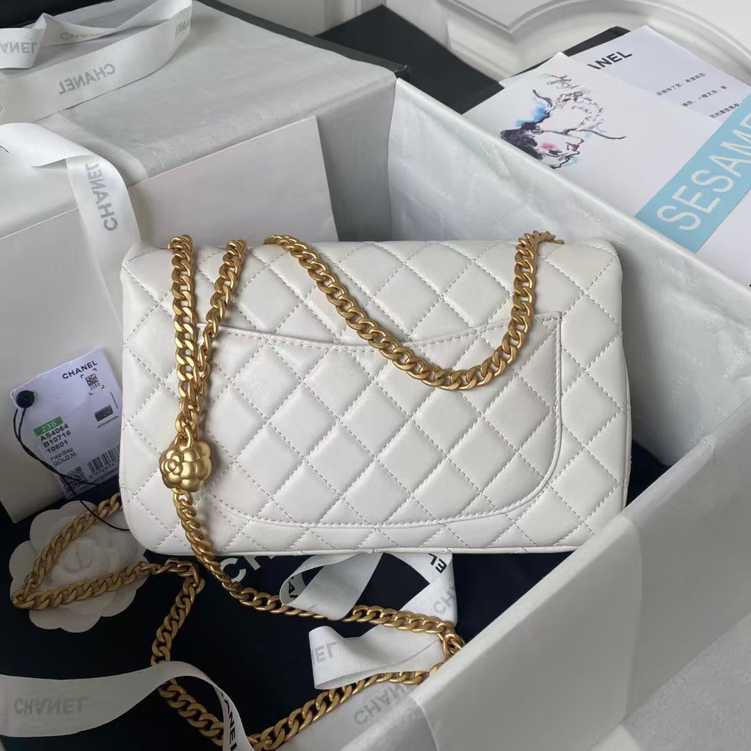 Replicate Chanel 23S AS4064 Camellia Embossed Chain Lambskin Flap Bag White(1:1 replica)
