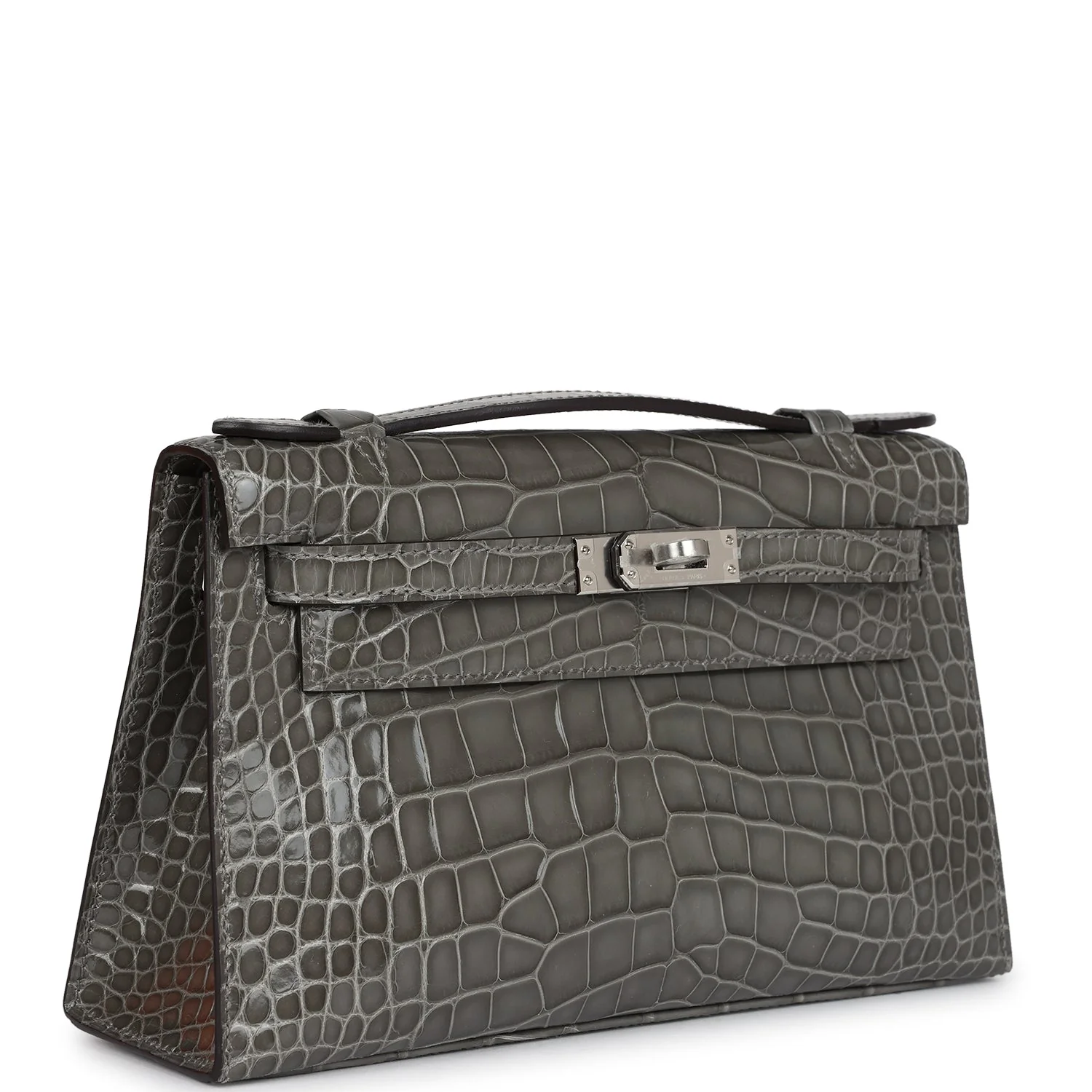 Replicate Hermes Kelly Pochette Gris Ciment Shiny Alligator Palladium Hardware(1:1 replica)