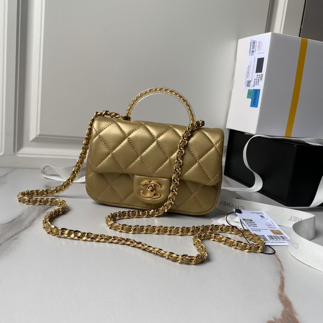 Replicate Chanel AS4847 Mini Flap Bag With Top Handle Lambskin Resin Gold(1:1 replica)
