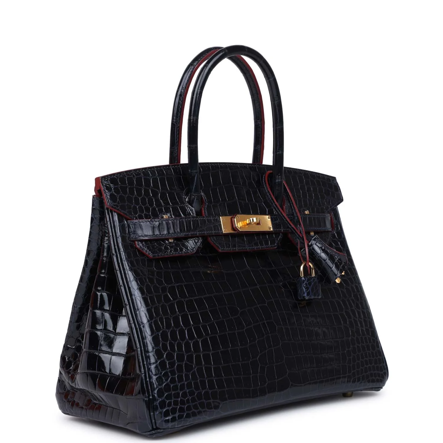 Replicate Hermes Birkin 30 Bleu Marine and Rouge H Contour Shiny Porosus Crocodile Gold Hardware(1:1 replica)