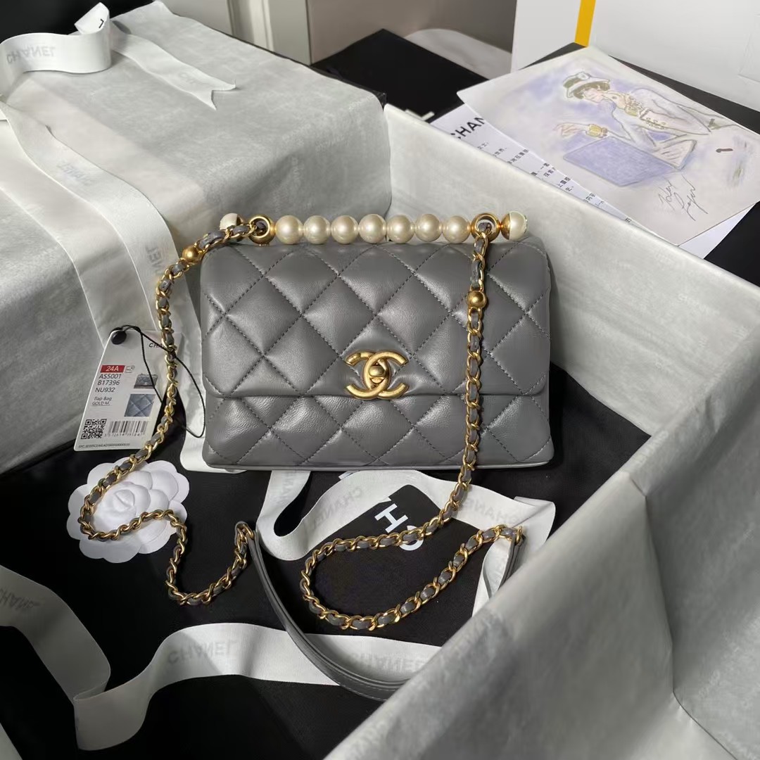 Replicate Chanel AS5001 Mini Flap Bag Top Handle Shiny Lambskin Imitation Pearl   Gold Metallic Grey(1:1 replica)
