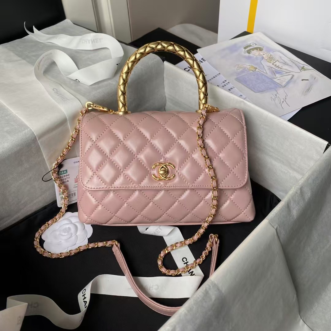 Replicate Chanel A92990 Small Flap Bag With Top Handle Shiny Calfskin Pink(1:1 replica)