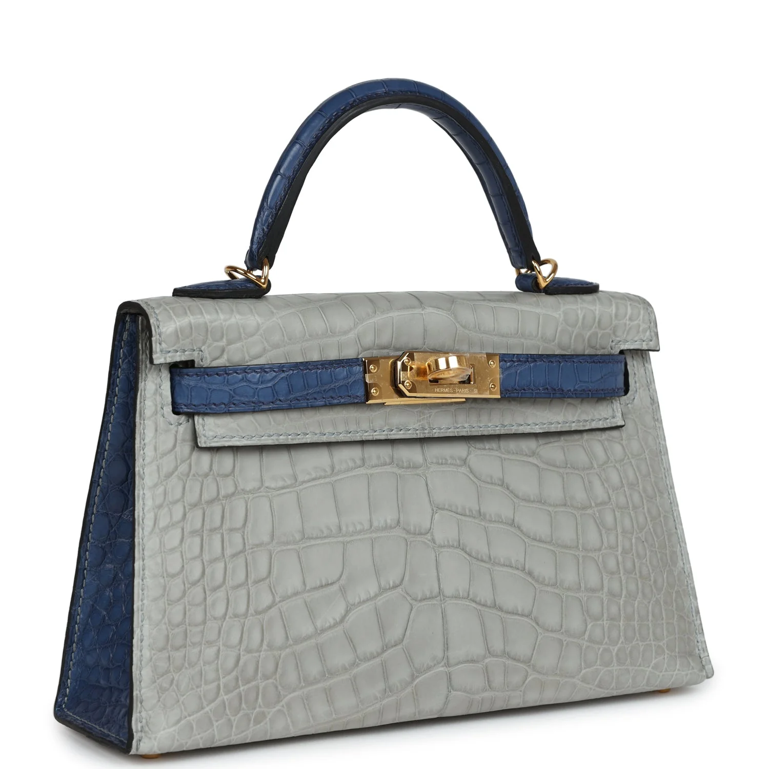 Replicate Hermes Special Order (HSS) Kelly Sellier 20 Gris Perle and Bleu de Malte Matte Alligator Gold Hardware(1:1 replica)