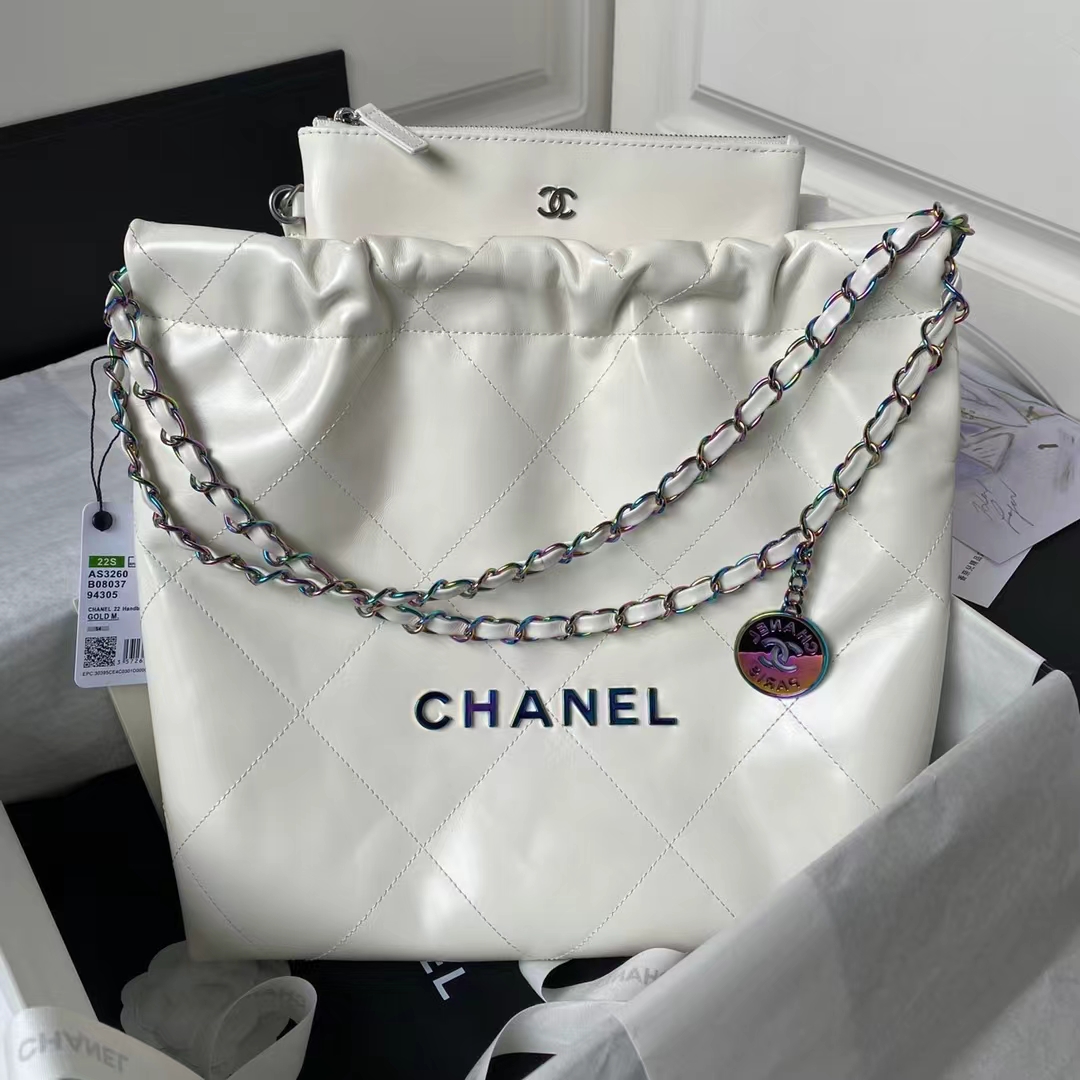 Replicate Chanel 22 AS3260 Small Bag White Calfskin Silver Gradient Hardware(1:1 replica)