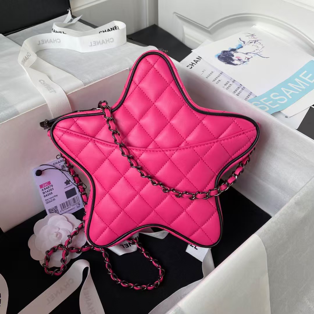 Replicate Chanel 24C AS4579 Star Bag Fuchsia and Black Satin Black Metal Hardware(1:1 replica)