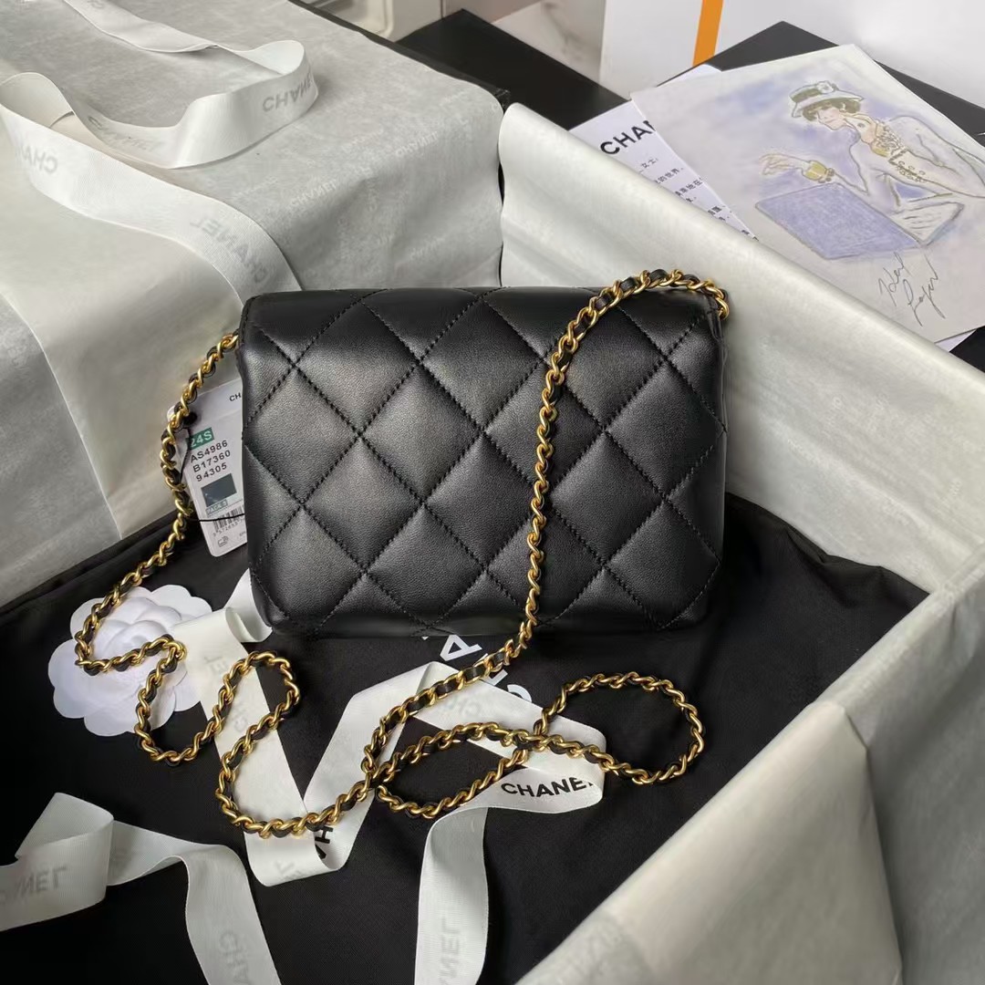 Replicate Chanel AS4986 Mini Flap bag Shiny Lambskin Imitation Pearls   Gold-Tone Metal Black(1:1 replica)