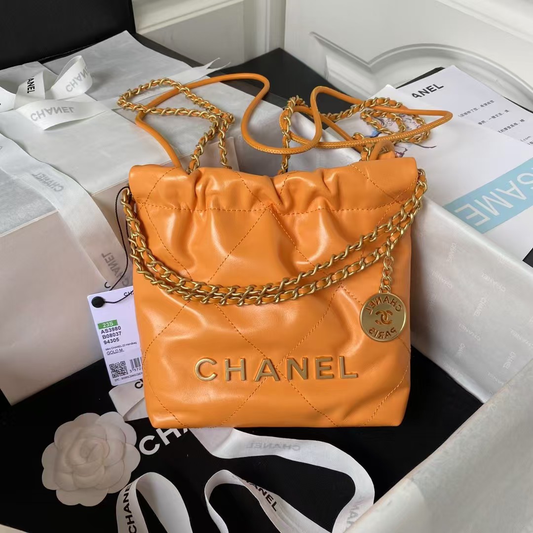Replicate Chanel 22 AS3980 Mini Tote Shiny Calfskin   Gold-Tone Metal Orange(1:1 replica)