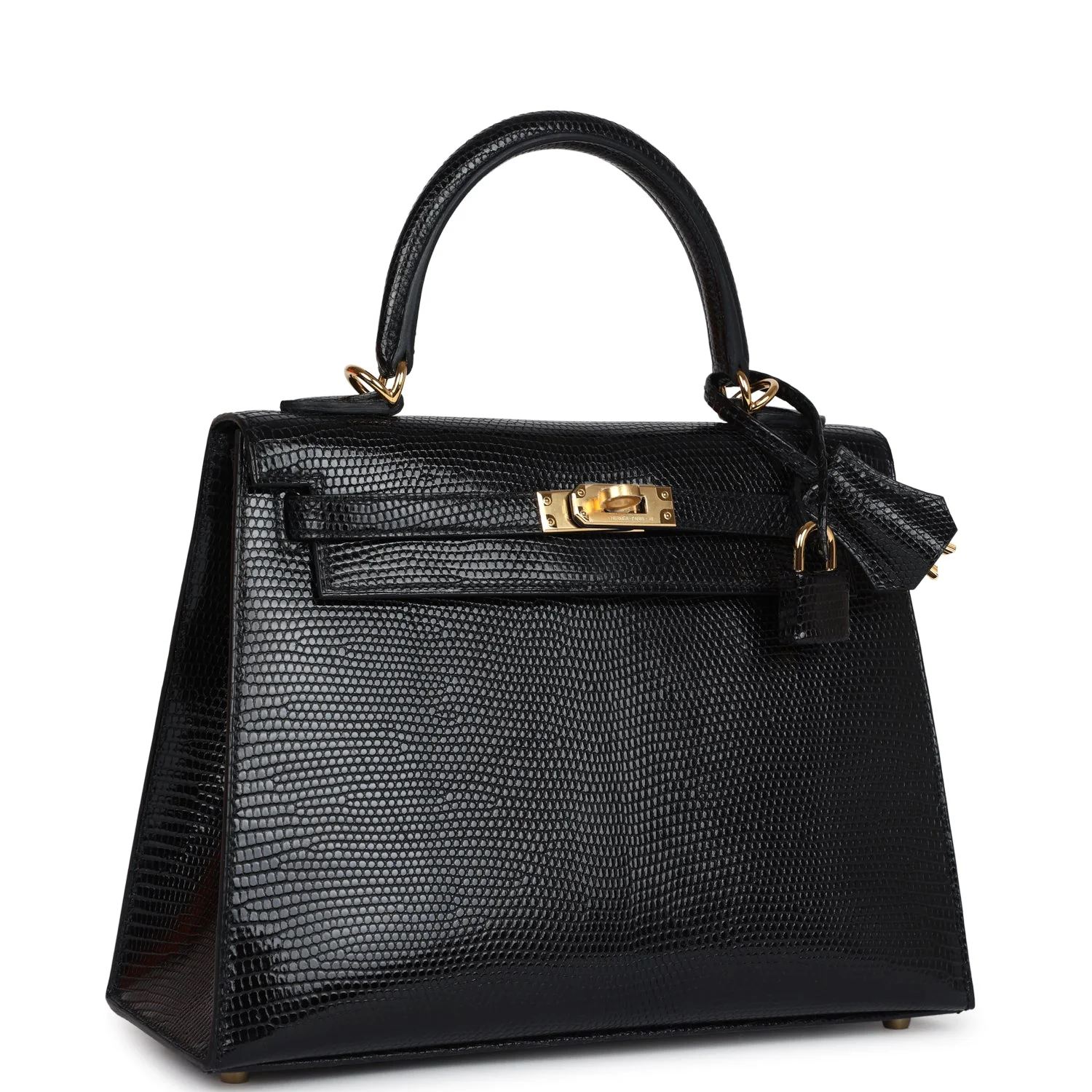 Replicate Hermes Kelly Sellier 25 Black Varanus Niloticus Lizard Gold Hardware(1:1 replica)