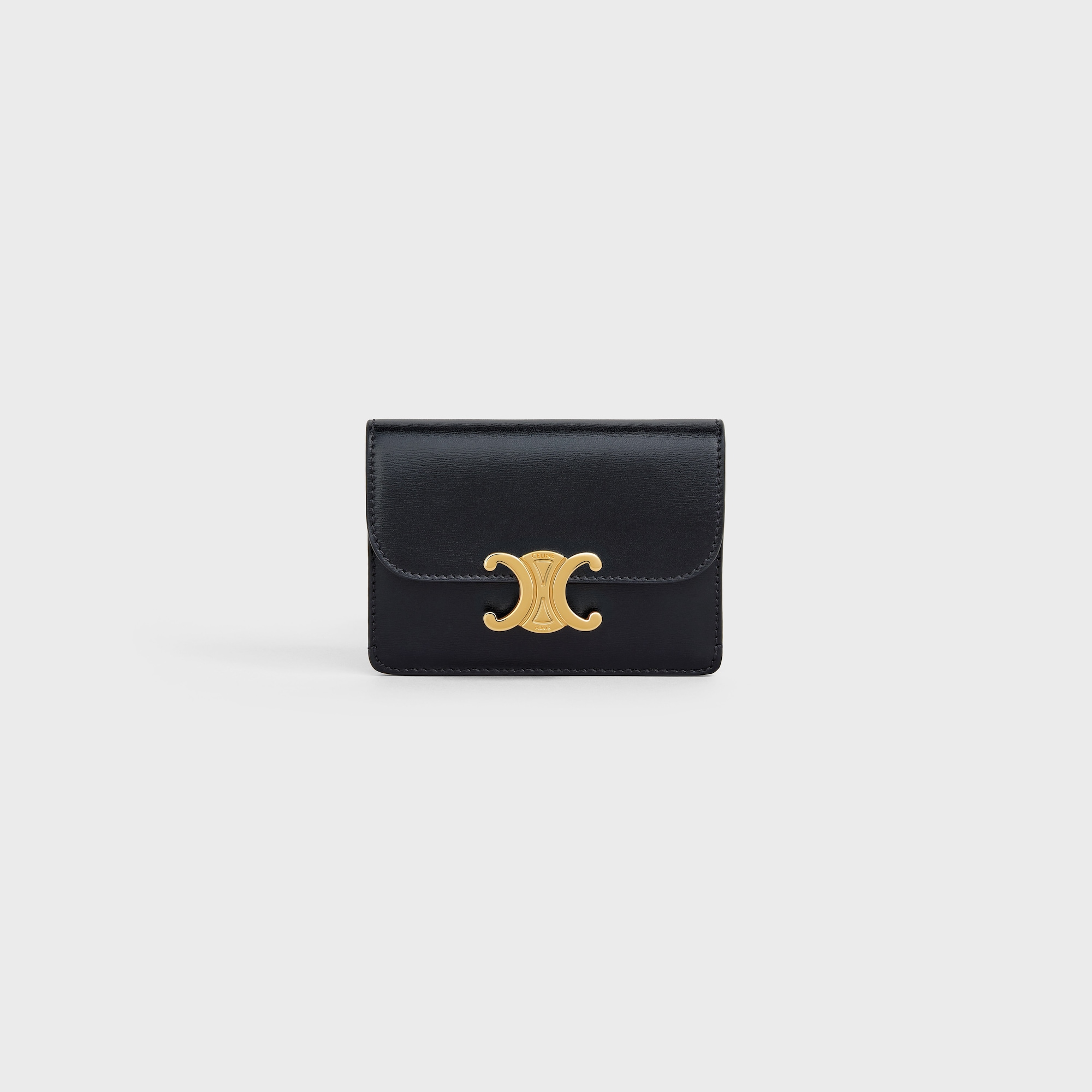 Replicate CARD HOLDER WITH FLAP TRIOMPHE IN SHINY CALFSKIN BLACK(1:1 replica)