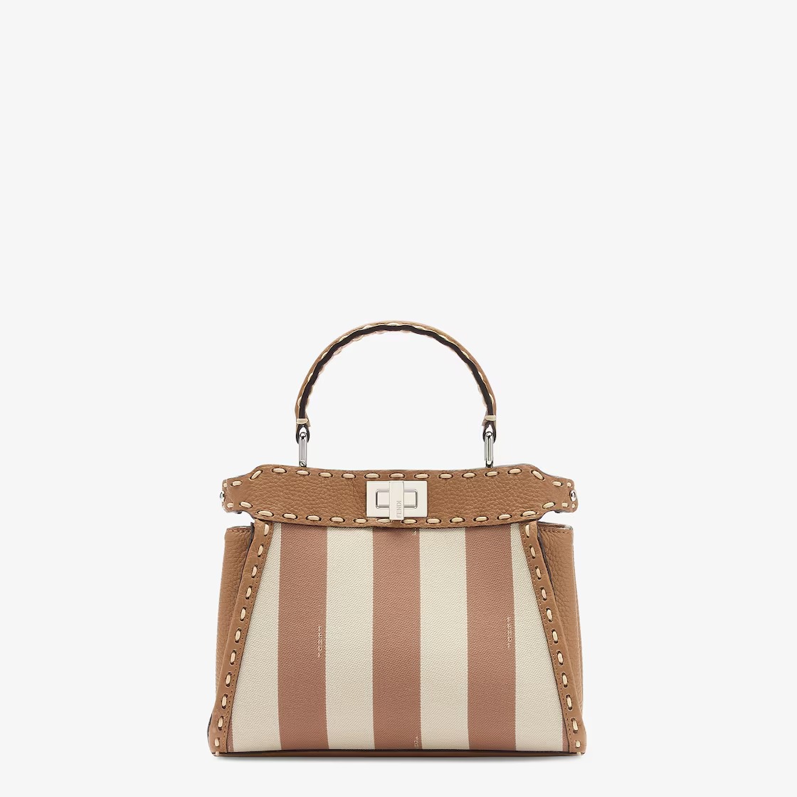 Replicate Fendi Peekaboo Mini Selleria and beige Pequin stripe fabric bag with 336 hand-sewn topstitches(1:1 replica)