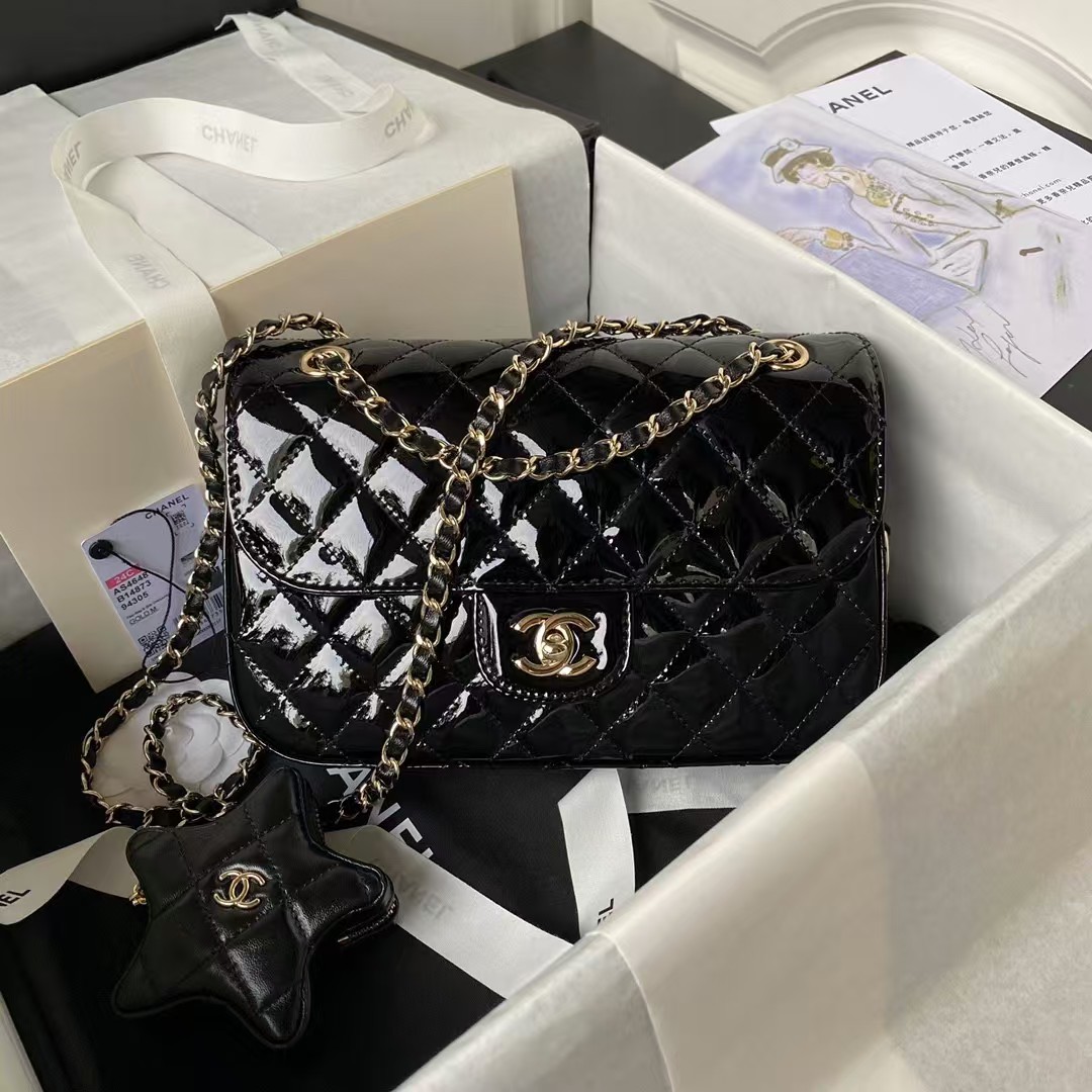 Replicate Chanel AS4648 Flap Bag Star Coin Purse Mirrored Calfskin Metallic Calfskin   Gold Metallic Black(1:1 replica)