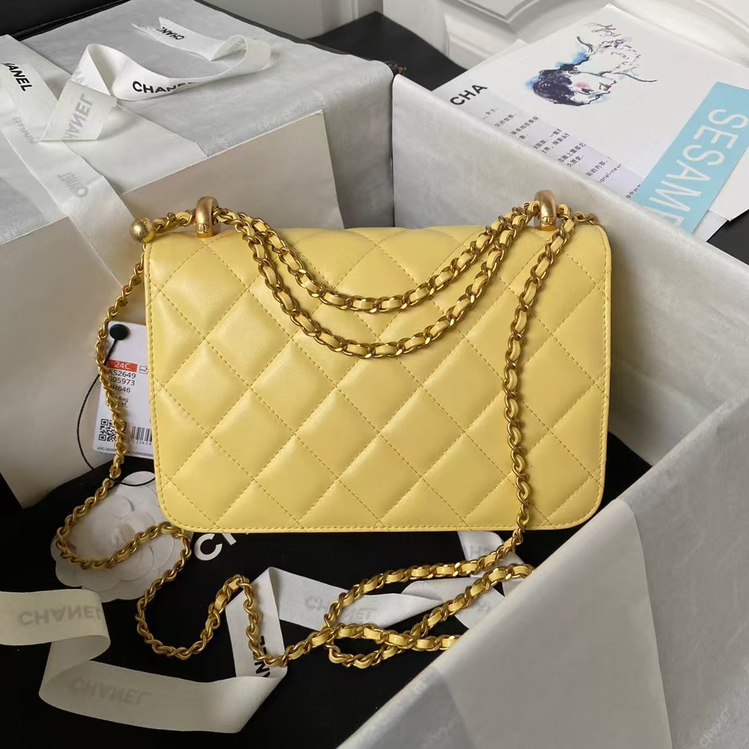 Replicate Chanel AS2649 Chain Bag With Gold Charm Small Vintage Calfskin Bag Yellow(1:1 replica)