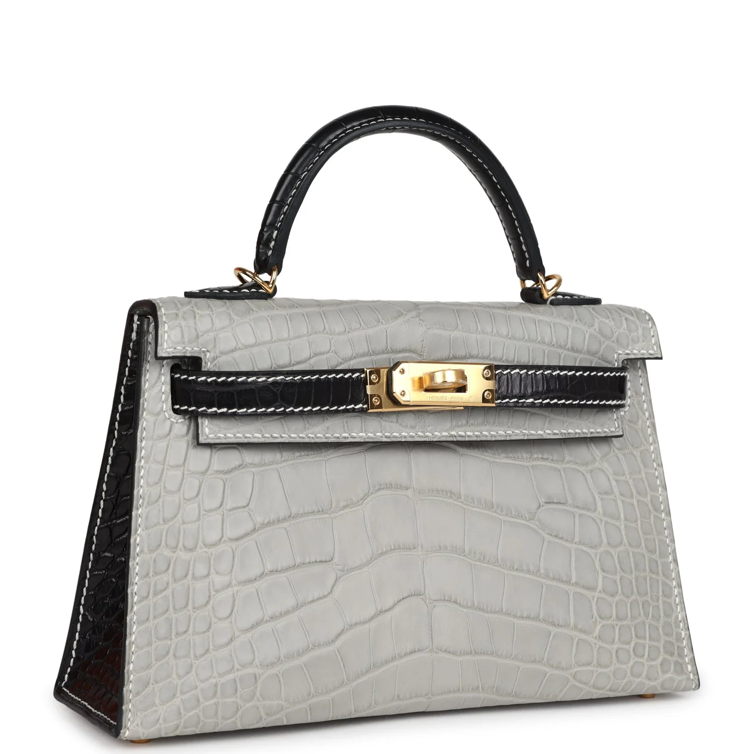 Replicate Hermes Special Order (HSS) Kelly Sellier 20 Gris Perle and Black Matte Alligator Gold Hardware(1:1 replica)