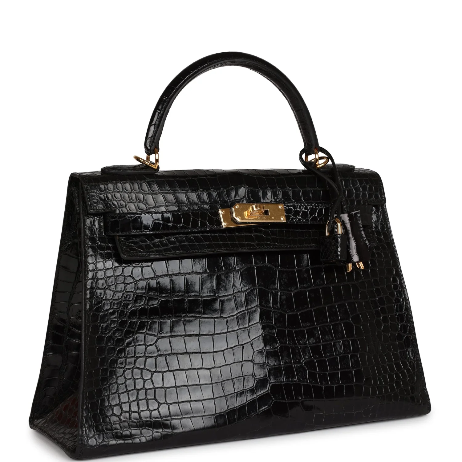 Replicate Vintage Hermes Kelly Sellier 32 Black Shiny Porosus Crocodile Gold Hardware(1:1 replica)