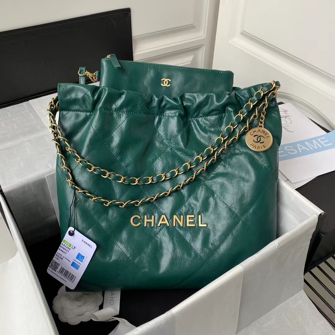 Replicate Chanel 22 AS3260 Small Bag Dark Green Calfskin Gold Hardware(1:1 replica)