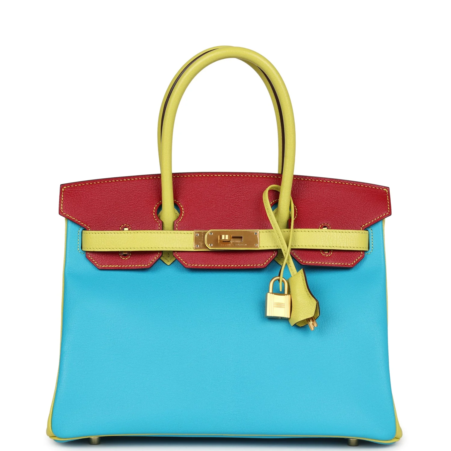 Replicate Hermes Special Order (HSS) Tri-color Birkin 30 Bleu Aztec, Soufre and Rouge Vif Chevre Brushed Gold Hardware(1:1 replica)
