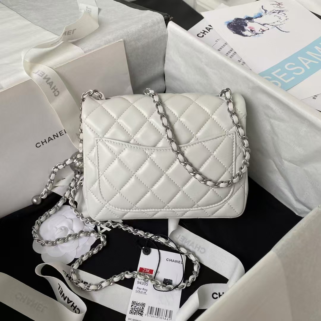 Replicate Chanel 23C AS1786 Mini Square Pearl Embossed Flap Bag Antique Silver Hardware White(1:1 replica)