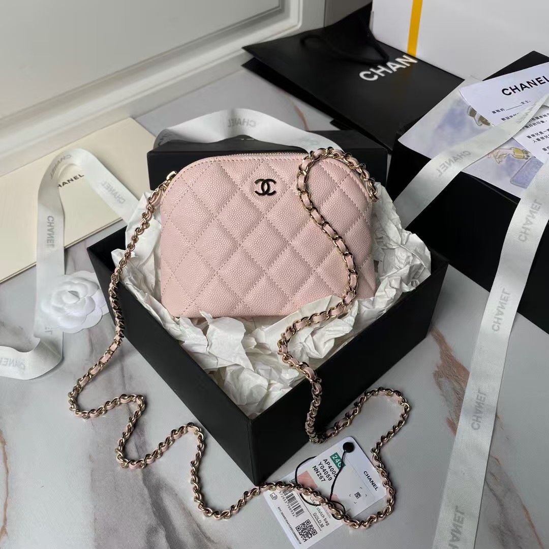 Replicate Chanel 24S AP4000 Mini Clutch with Chain Crossbody Bag Light Pink Caviar Light Gold Hardware(1:1 replica)
