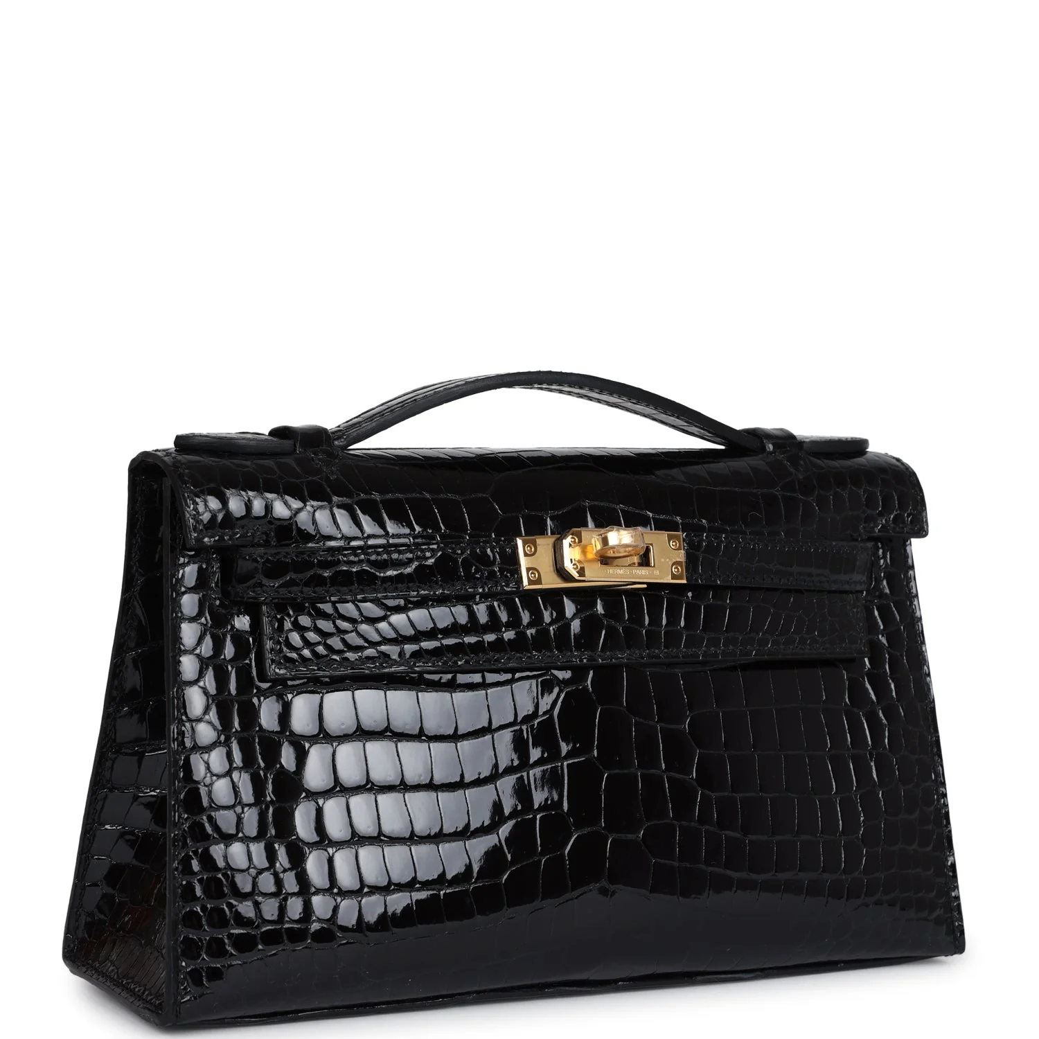 Replicate Hermes Kelly Pochette Black Shiny Porosus Crocodile Gold Hardware(1:1 replica)