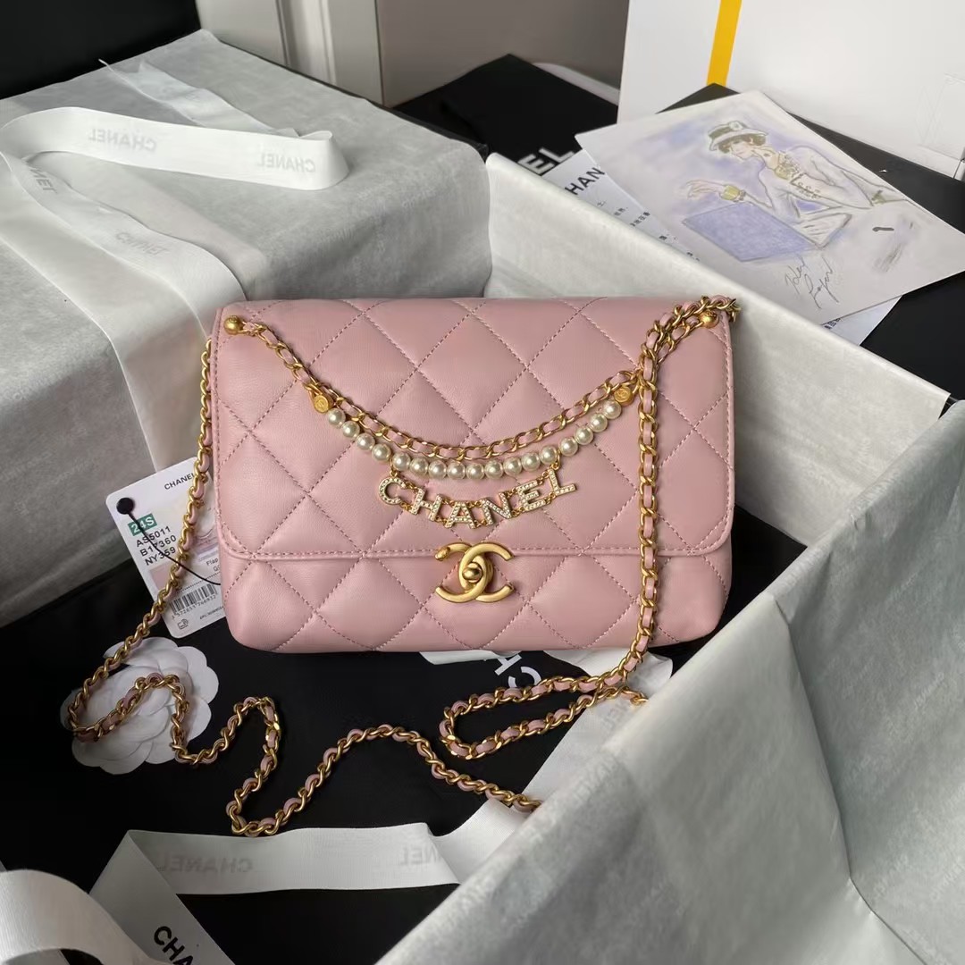 Replicate Chanel AS5011 Flap bag Shiny Lambskin Imitation Pearls   Gold-Tone Metal Pink(1:1 replica)